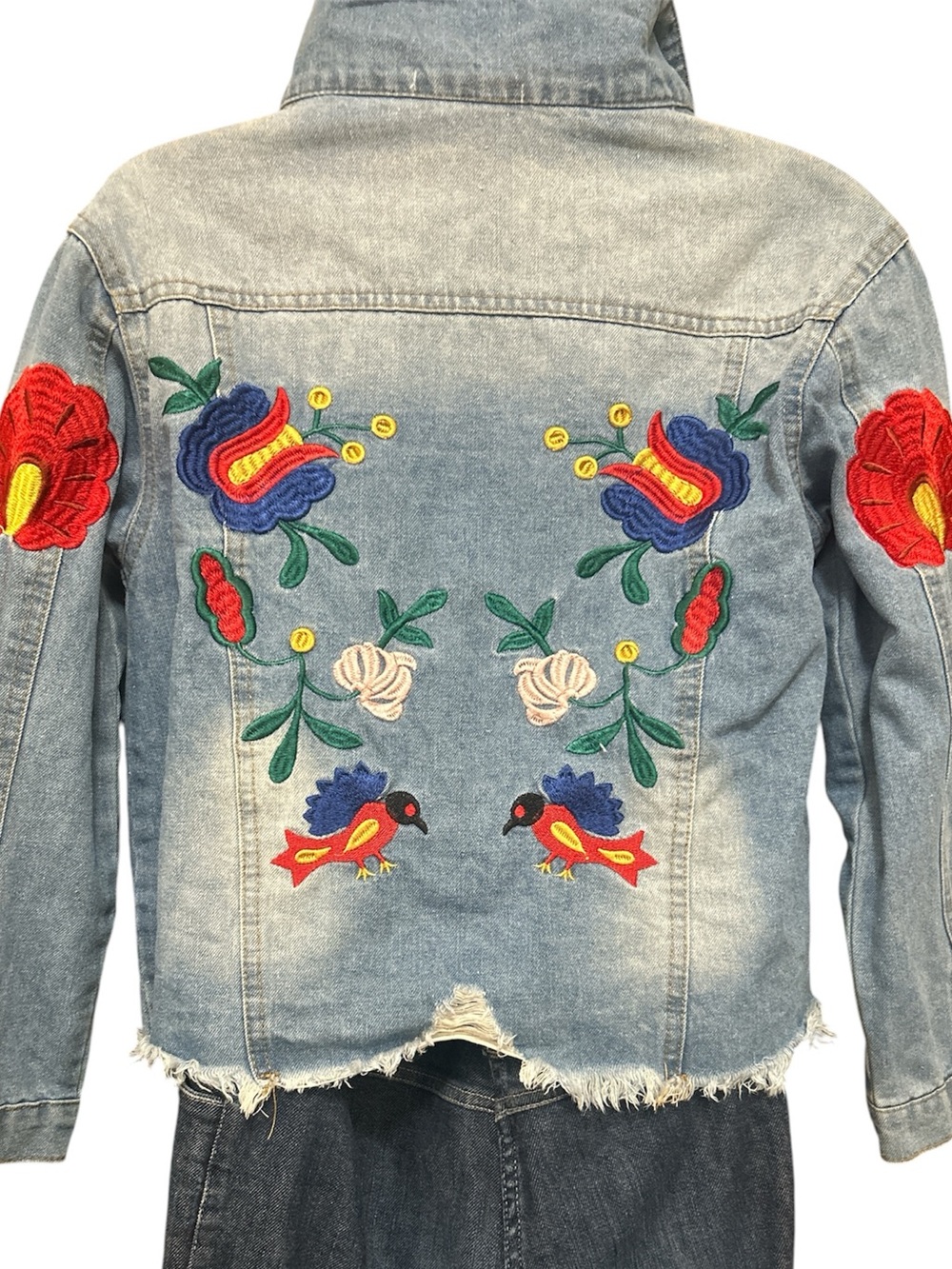 Embroidered Light Blue Denim Jacket with Floral & Bird Motif